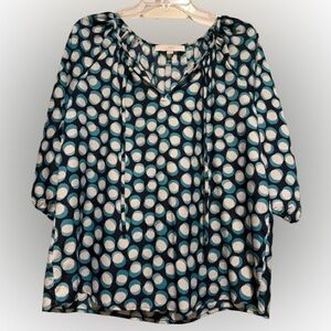 LOFT Teal and White Polka Dot Peasant Top
